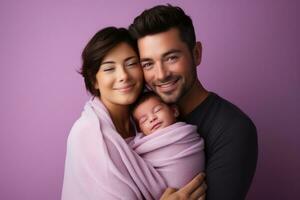 neonato bambino cullato nel genitori braccia isolato su un' pendenza lavanda sfondo foto