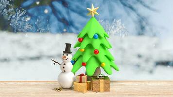 il pupazzo di neve e Natale albero per celebrità o vacanza concetto 3d resa. foto