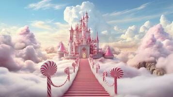 favoloso rosa castello con caramella traccia, fiori e cotone nuvole foto
