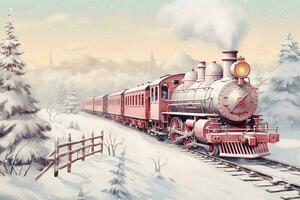 Vintage ▾ illustrazione di un vecchio rosso treno decorato per Natale. vapore locomotiva, passeggeri macchine e nevoso scenario. foto