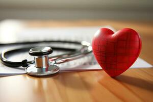 rosso cuore con un' stetoscopio su il tavolo. assistenza sanitaria e medicina concetto. generato di artificiale intelligenza foto