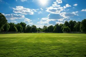 dilettante vuoto calcio campo su un' soleggiato giorno. creato di artificiale intelligenza foto