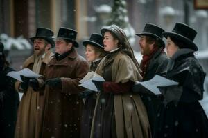 carolers vestito vittoriano abbigliamento cantando strada all'aperto. creare ai foto