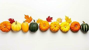 riga di diverso zucche e autunno le foglie foderato su orizzontalmente su un' pulito bianca sfondo ai generativo foto