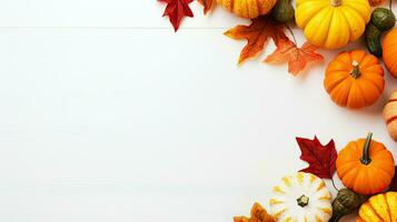zucche e autunno le foglie elegantemente disposte su un' incontaminato bianca sfondo ai generativo foto