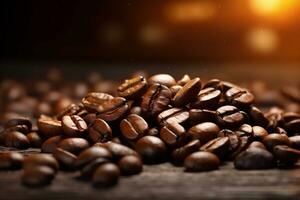 arrostito caffè fagioli vicino su. mucchio di caffè fagioli nel naturale luce, bene qualità Immagine. internazionale caffè giorno. ai generativo foto