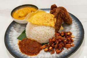 asiatico cibo nasi lemak è un' riso piatto infusa con Noce di cocco latte. servito con Sambal, fritte pollo ala, fritte arachidi, fritte uovo con curry salsa. foto