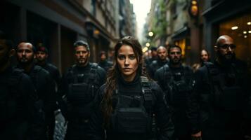 francese polizia nel il strada durante proteste contro il governo. donna poliziotto nel centro. foto