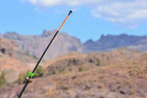 pesca linea con montagna sfondo foto