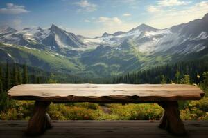 vuoto di legno tavolo con montagne sfondo. generativo ai foto