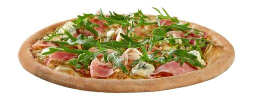 pinoli Pizza con formaggio e crema salsa, Mozzarella, prosciutto, gorgonzola, pere, pino noccioline e rucola foto