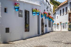 pittoresca strada di mijas con vasi di fiori in facciate. villaggio bianco andaluso. costa del sol. Spagna meridionale foto