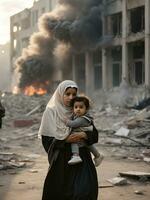 donne e bambini diventare vittime di guerra contro il fondale di un' distrutto città, ai generato. foto