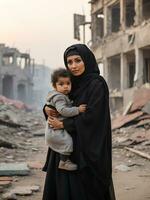 donne e bambini diventare vittime di guerra contro il fondale di un' distrutto città, ai generato. foto