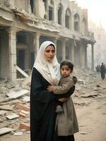 donne e bambini diventare vittime di guerra contro il fondale di un' distrutto città, ai generato. foto