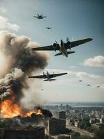 un' città distrutto di un' combattente aereo attacco, ai generato. foto