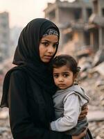 donne e bambini diventare vittime di guerra contro il fondale di un' distrutto città, ai generato. foto
