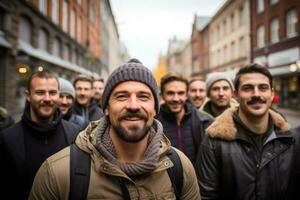 grande gruppo di uomini partecipando nel Movember beneficenza camminare nel città foto