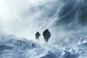 aspro alpinisti combattendo feroce bufera di neve sfondo con vuoto spazio per testo foto