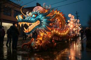 Drago galleggiante processione illuminazione su nuovo anni comunale parata feste foto