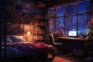Camera da letto interno con città notte Visualizza a partire dal finestra. camera cartone animato stile. generativo ai foto