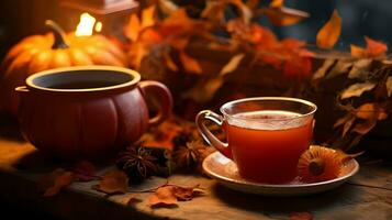 zucca Spezia tazza di tè azione foto, accogliente l'ora del tè autunno bere, generativo ai foto