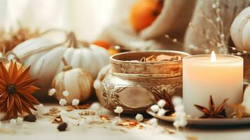 zucca Spezia pot-pourri e candele, accogliente sfondo disposizione, generativo ai foto