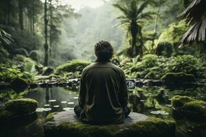 persona Meditare con calma in mezzo natura durante consapevolezza basato conoscitivo terapia sessione foto