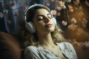 donna scoperta la tranquillità mentre immersa nel musica terapia per emotivo guarigione foto