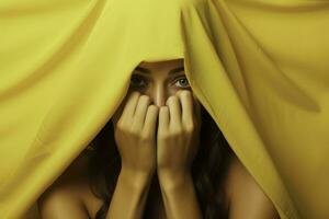 un' donna smascheramento sua nascosto emozioni isolato su un' giallo pendenza sfondo foto
