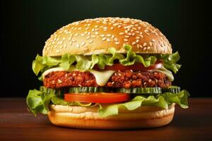delizioso vegano hamburger con fresco verdure isolato su un' pendenza sfondo foto