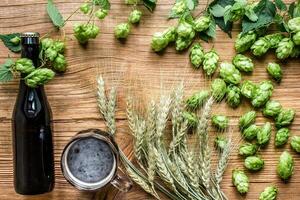 bottiglia e bicchiere birra con Grano e luppolo come birra ingredienti nel superiore Visualizza e copia spazio la zona foto