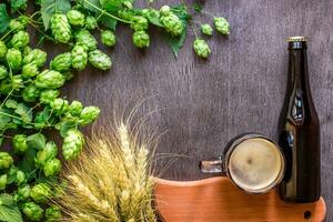 bottiglia e bicchiere birra con birra ingredienti. luppolo fiore con Grano. superiore Visualizza. foto