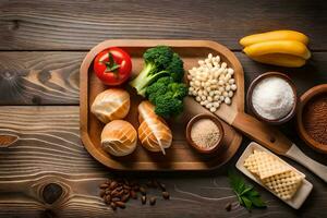 Alimenti su un' di legno tavolo con pane, la verdura, e altro ingredienti. ai-generato foto