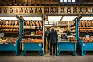 un' uomo sta nel davanti di un' memorizzare pieno con frutta e verdure. ai-generato foto