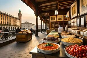 un' ristorante con cibo su Schermo nel davanti di un' costruzione. ai-generato foto