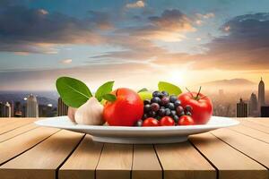 fresco frutta e verdure su un' piatto con paesaggio urbano nel il sfondo. ai-generato foto