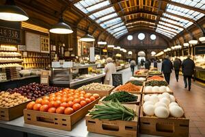 un' grande mercato con molte di fresco produrre. ai-generato foto