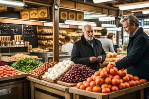 Due uomini siamo guardare a produrre nel un' mercato. ai-generato foto