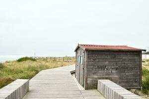 un' di legno passerella conduce per un' spiaggia capanna foto