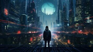 persona Visualizza a partire dal il strada di un' dettagliato cyberpunk città con molti luci foto