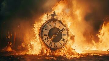 grande orologio bruciato su fuoco, surrealismo concetto, tempo correre su concetto, tempo gestione foto