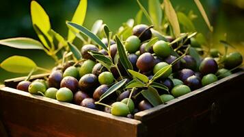 appena raccolto oliva frutta a partire dal giardino posto nel il scatole. generativo ai foto