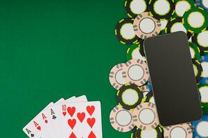 poker. bandiera modello disposizione modello per in linea casinò. verde tavolo, superiore Visualizza su posto di lavoro. foto