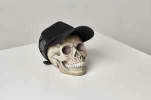 realistico modello di un' umano cranio con denti su un' leggero tavolo, bianca sfondo. medico scienza o Halloween orrore concetto. foto