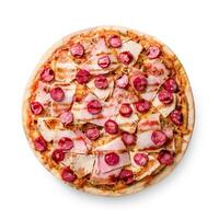 prosciutto e salsiccia Pizza su bianca sfondo. copia spazio. ricetta e menù. superiore Visualizza. foto