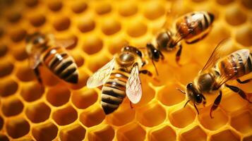 vicino su Visualizza di il Lavorando api su cellule di miele. macro fotografia generativo ai foto