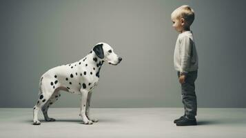 carino poco ragazzo e grande dalmata cane su grigio sfondo generativo ai foto