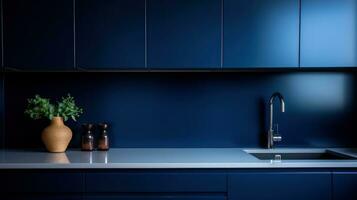 blu moderno cucina con un' buio blu parete, 3d rendere illustrazione generativo ai foto