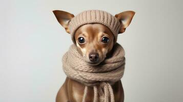 divertente cane nel un' caldo a maglia cappello e sciarpa su un' grigio sfondo generativo ai foto